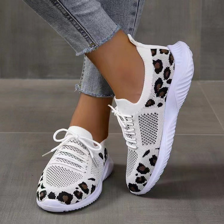 Wholesale Leopard Pattern Round Head Lace Up Flat Bottom Comfortable Mesh Women's Shoes