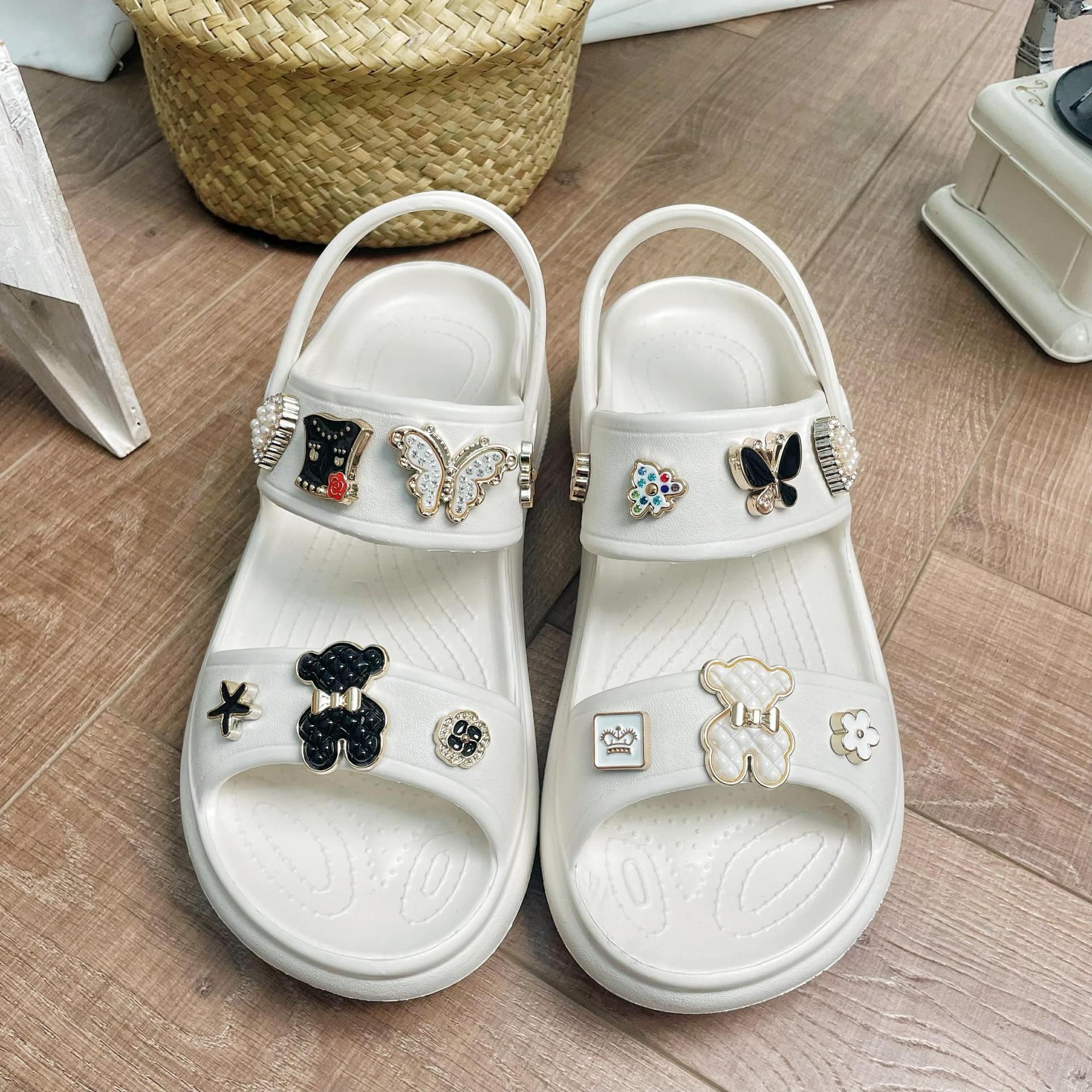 Wholesale Fashion Thick Sole Double Strap Black and White Cookie Bear Sandals