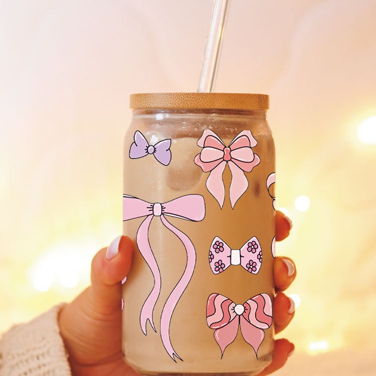 Wholesale pink bow  16oz Cup UV DTF Wraps