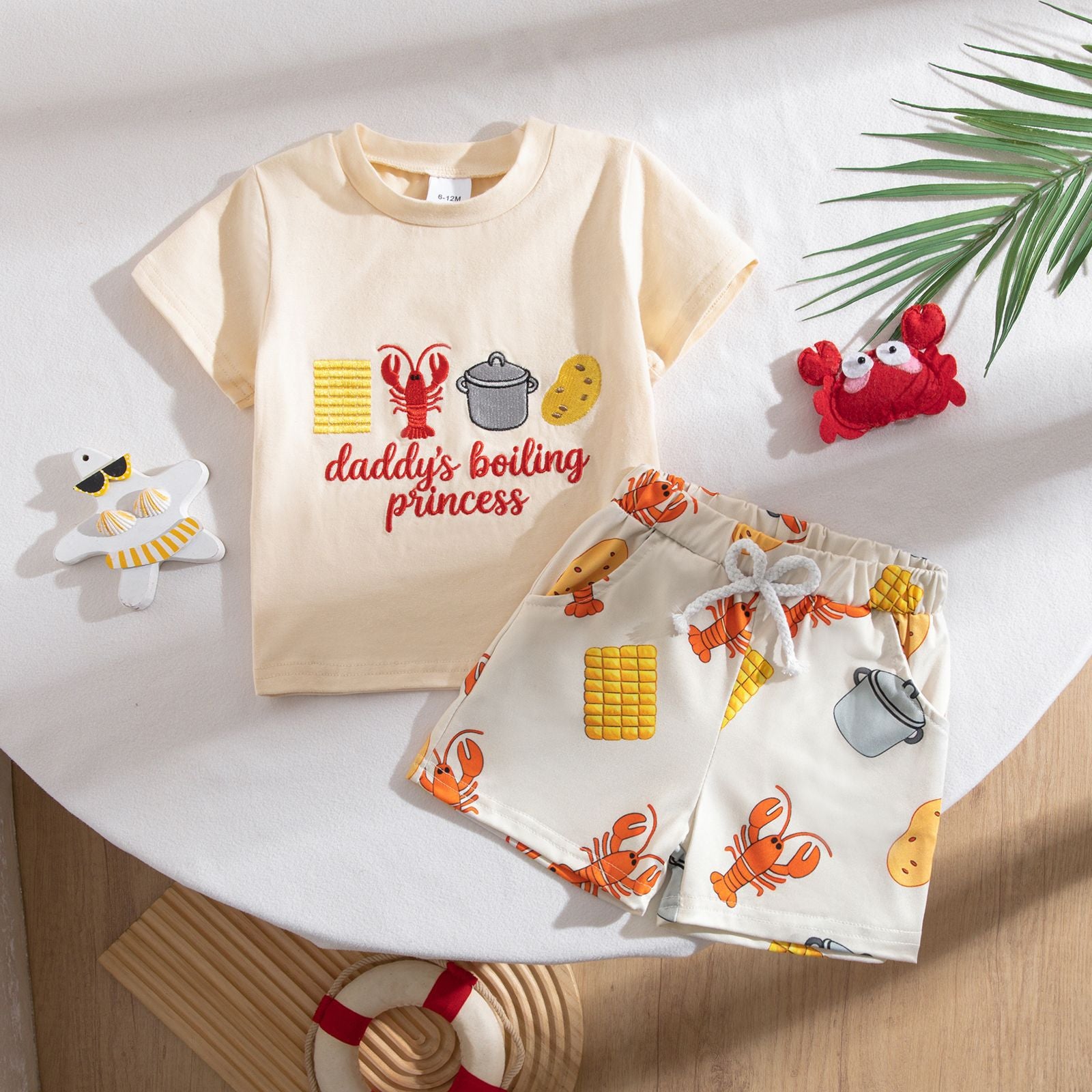 Wholesale Chic Unisex Kids Summer Two Piece Set Korean Style Short Sleeve With Lobster Embroidery Casual Outfit For Toddlers Boutique Resale