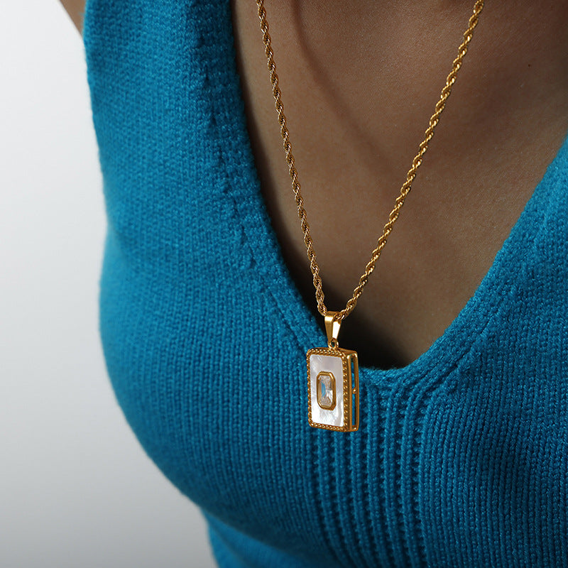 Wholesale Stainless Steel Twist Pendant Square White Shell 18K Gold Plated Necklace