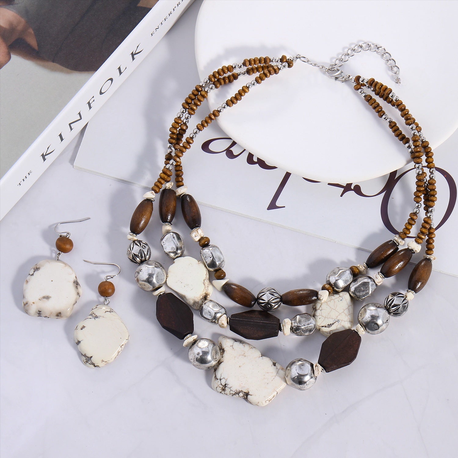 Wholesale Fashion Multi-layer Wooden Beads Shaped Turquoise Vintage Necklace