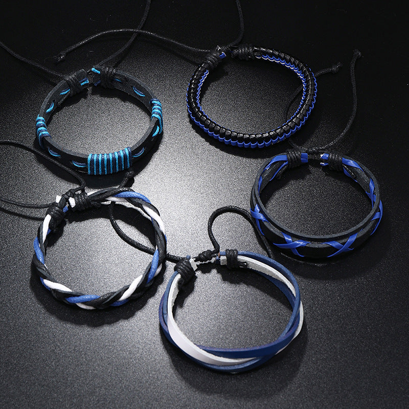 Wholesale Handmade Multi-layered Leather Men's DIY 5 Piece Bracelet Set