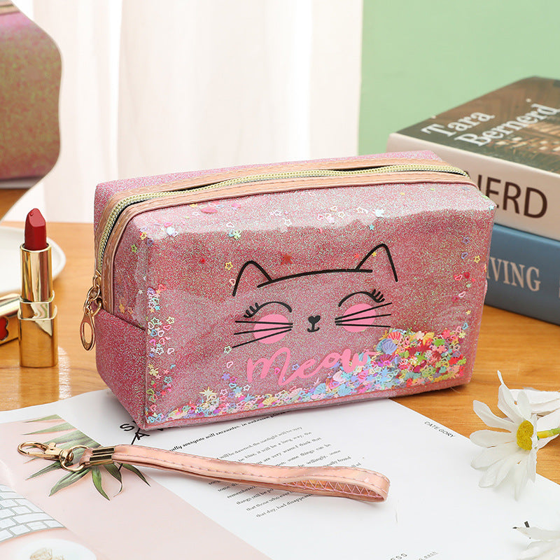 Wholesale Cat cartoon cosmetic bag quicksand pencil case cosmetic bag