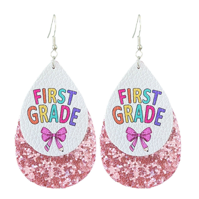 Wholesale Double-layer water drop leather print back-to-school season teacher earrings