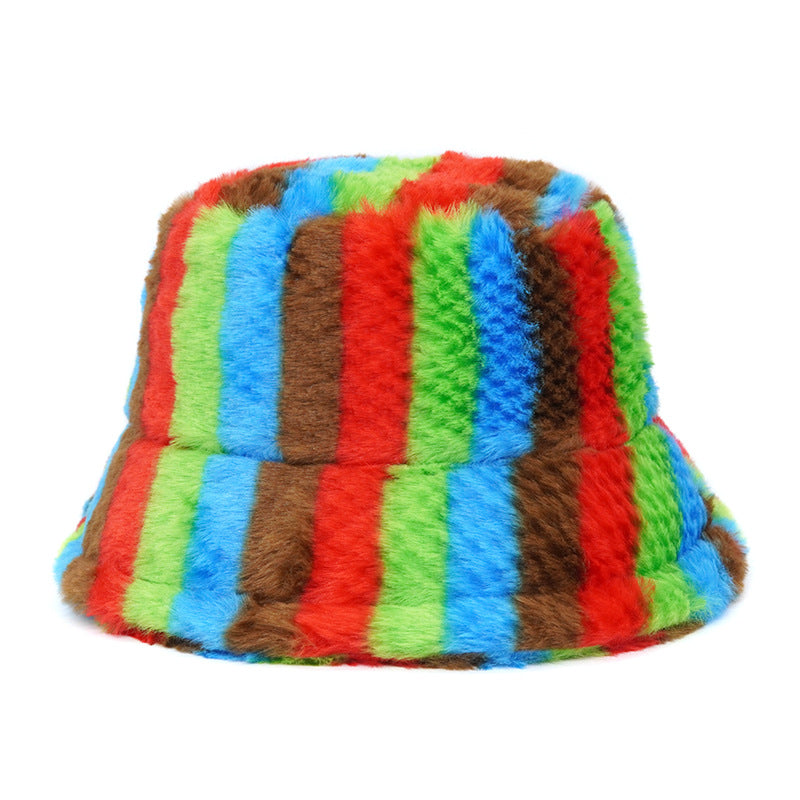 Wholesale Winter Plush Hat Colorful Stripe Printed Fisherman Hat