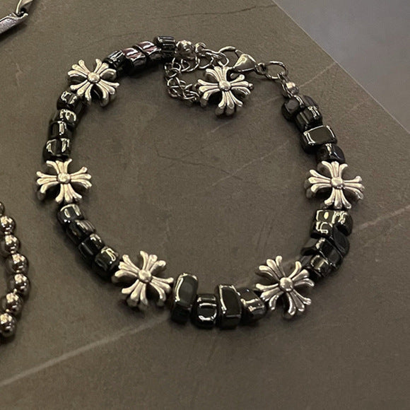 Wholesale Vintage Hip Hop Broken Silver Cross Flower Bracelet