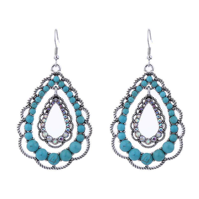 Wholesale Double-layer teardrop hollow inlaid turquoise vintage earrings