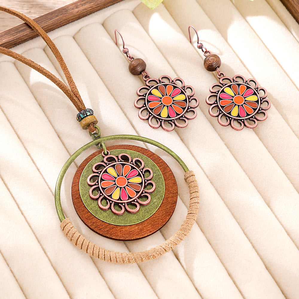 Wholesale Bohemian Flower Earring And Necklace Set Long Tassel Ethnic Style Vacation Jewelry Gift