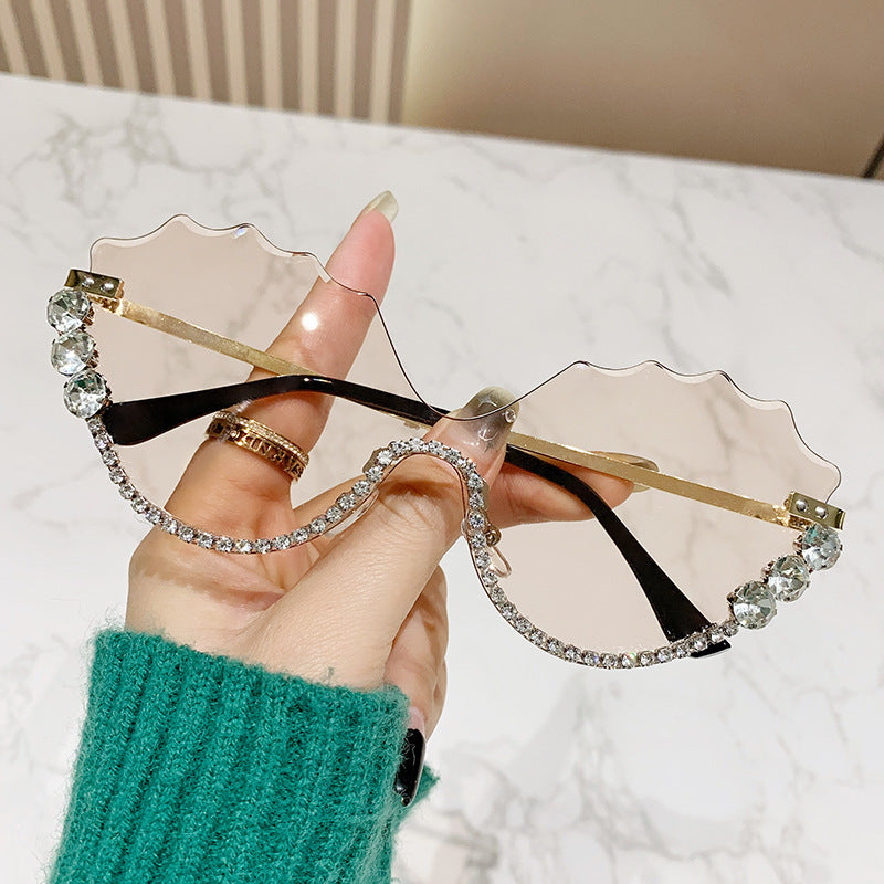 Wholesale Large frame diamond rhinestone special wave cut edge glasses