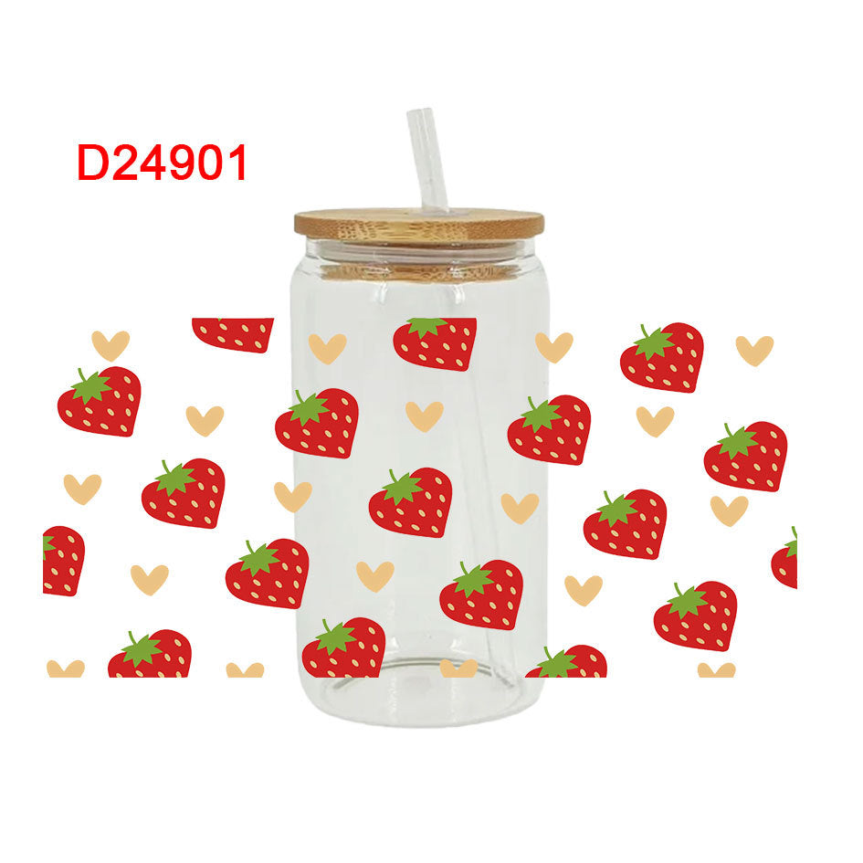 Wholesale Cute Cartoon Pink Strawberry Bow 16oz Cup UV DTF Wraps