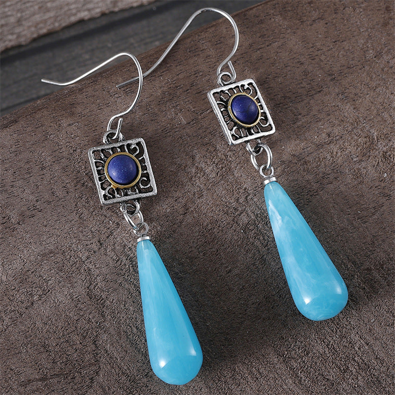 Wholesale Fashionable Ethnic Style Two-color Turquoise Inlaid Elegant High-end Long Drop Pendant Earrings