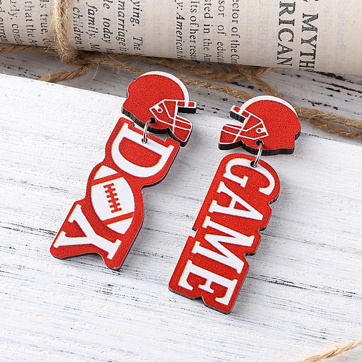 Wholesale  New Rugby Letter Helmet Stitching Pendant Earrings Rugby Events Wooden Double-sided Earrings Earrings