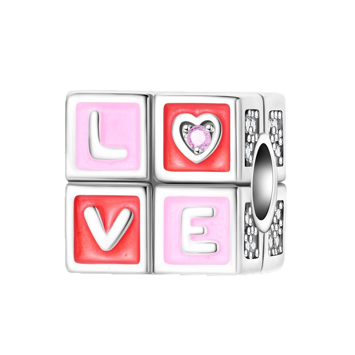 Wholesale Valentine' s Day Series Pink Magic Cube Rose Silver Plated Charms