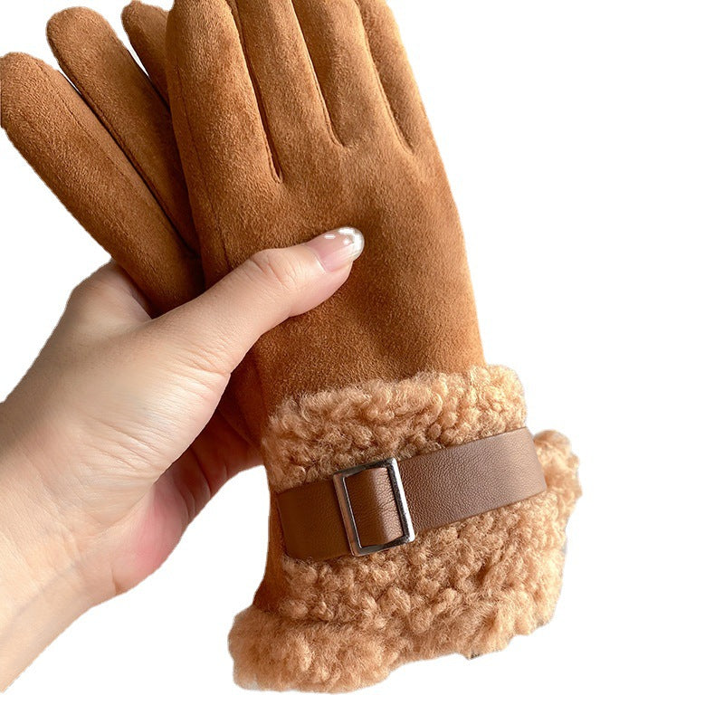 Wholesale Leather Buckle Decoration Suede Plush Thickened Gloves