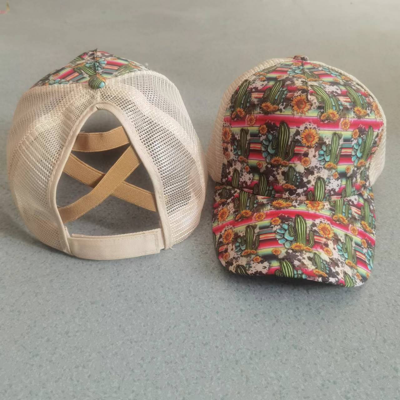 Wholesale Printed frayed edge cross ponytail baseball cap