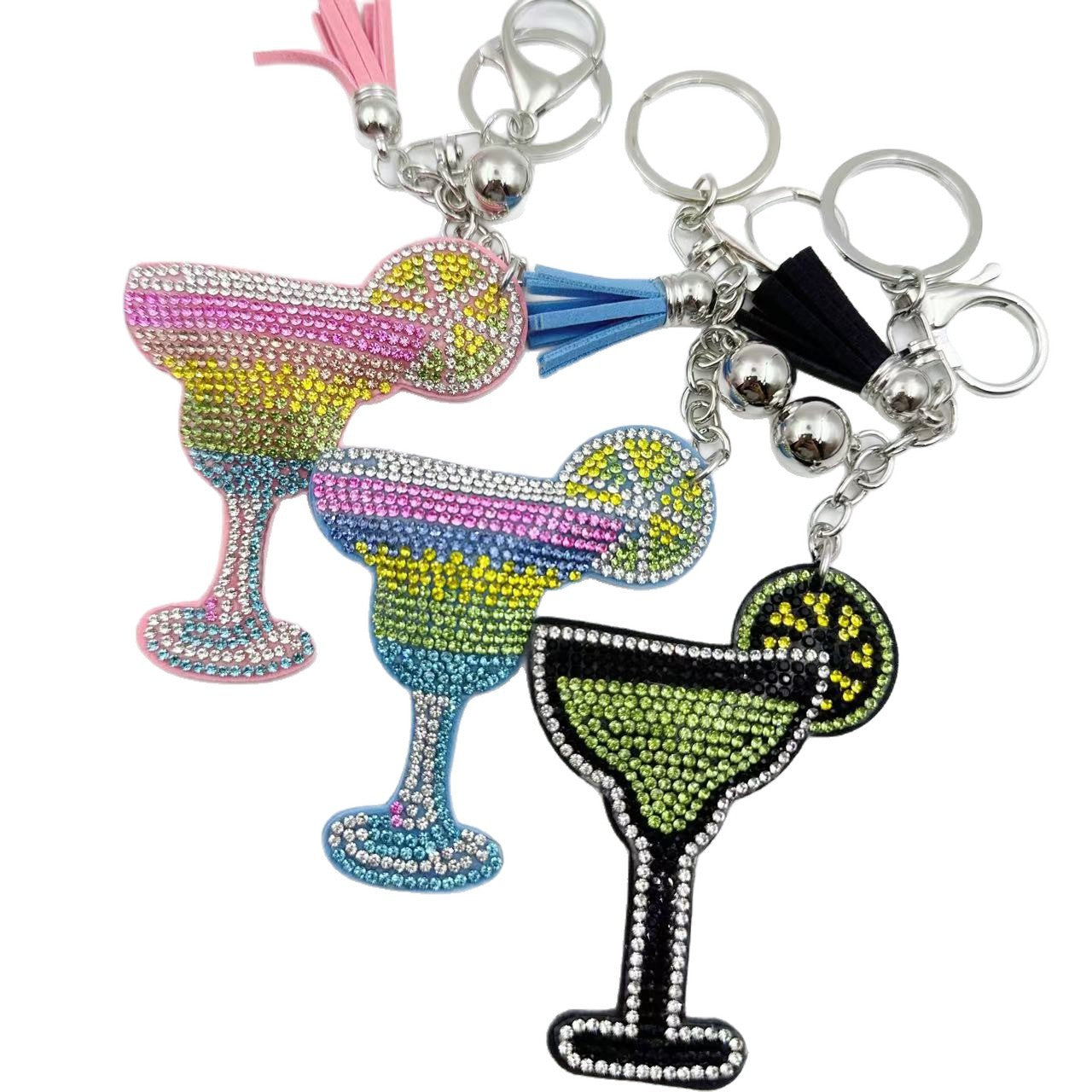 Wholesale Rhinestone Studded Wine Glass Keychain With Tassel Pink Zinc Alloy Bag Charm For Wedding Favors