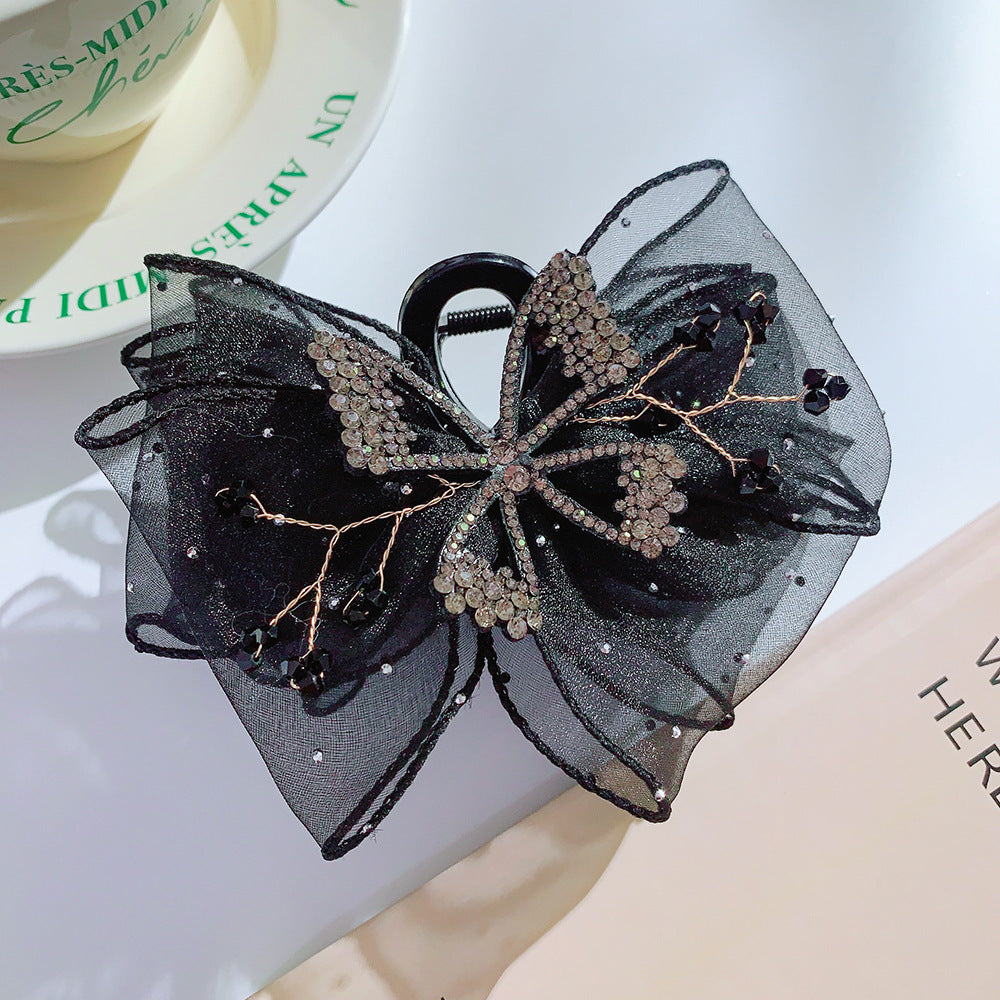 Wholesale Mesh Bowknot Grabbing Clip With Drill Retro Simple Curly Hair Headdress With Polka Dot Hair Clip