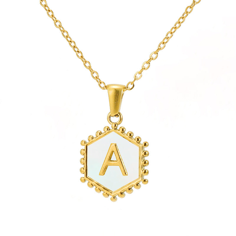 Wholesale Stainless Steel Plated Hexagonal Natural Shell Letter Pendant 18K Necklace