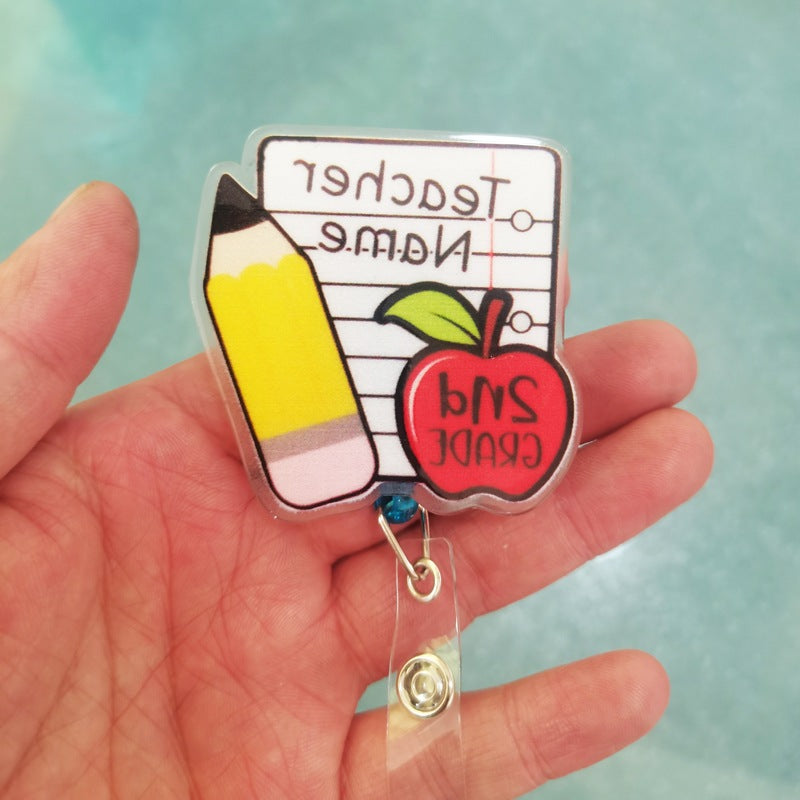 Wholesale Acrylic Teacher Badge Retractable Keychain ID Card Cover Easy Pull Buckle