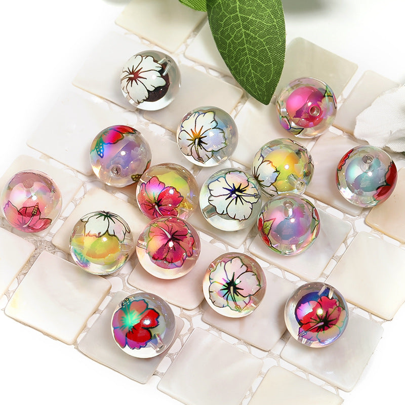 Wholesale 100PCS  Acrylic rose beads medium beads camellia print round beads mobile phone chain pen beads diy bead