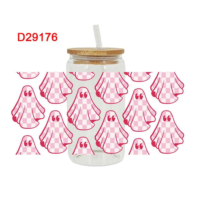 Wholesale Cute Pink Cartoon The Loving Ghost 16oz Cup UV DTF Wraps
