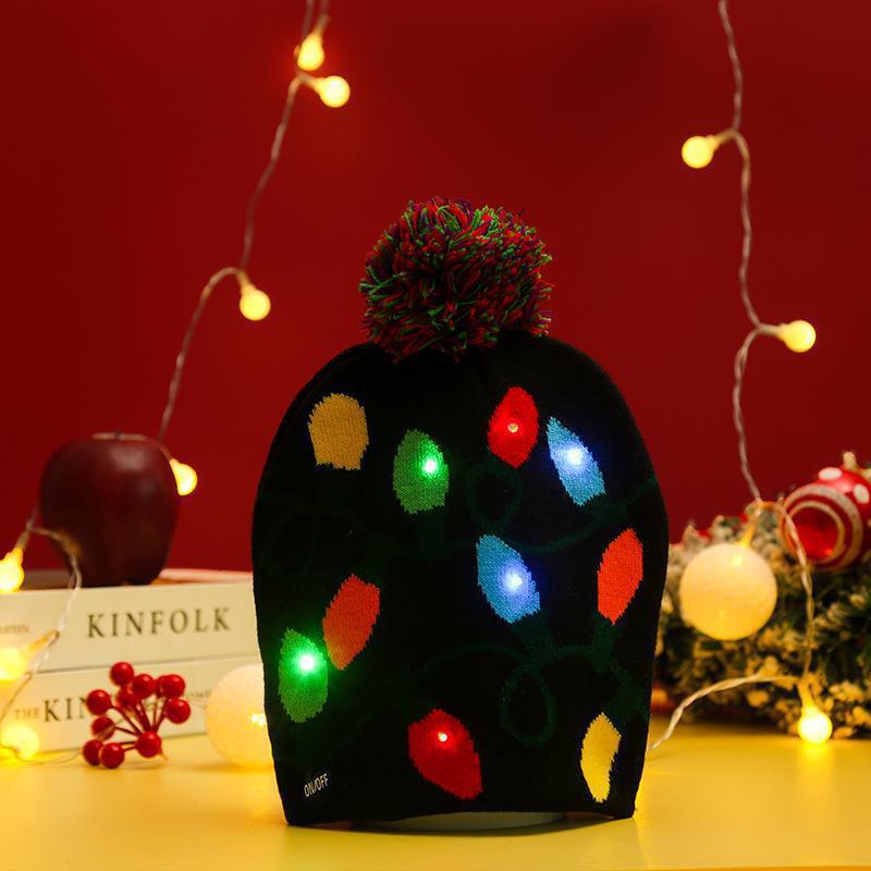 Wholesale Christmas decoration supplies cuffed ball knitted hat LED light  luminous hat adult children hat