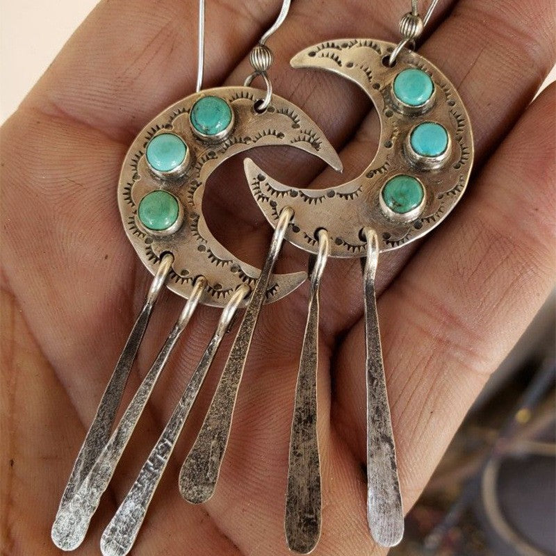 Wholesale Alloy Silver Crescent Turquoise Tassel Earrings Western Retro Boho Chic Jewelry Accessory For Party Gift