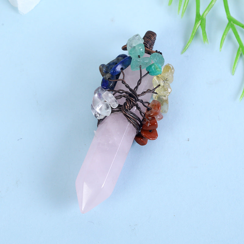 Wholesale Crystal Raw Stone Hexagonal Column Wrapped Copper Wire Tree of Life Colorful Gravel Pendant Necklaces