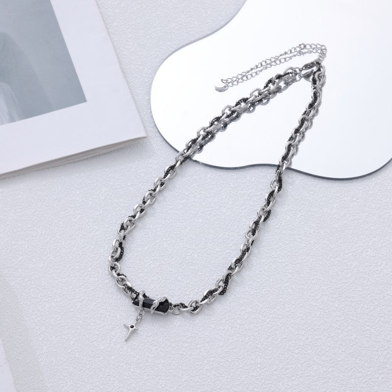 Wholesale multi-layer winding black sapphire cross titanium steel necklace