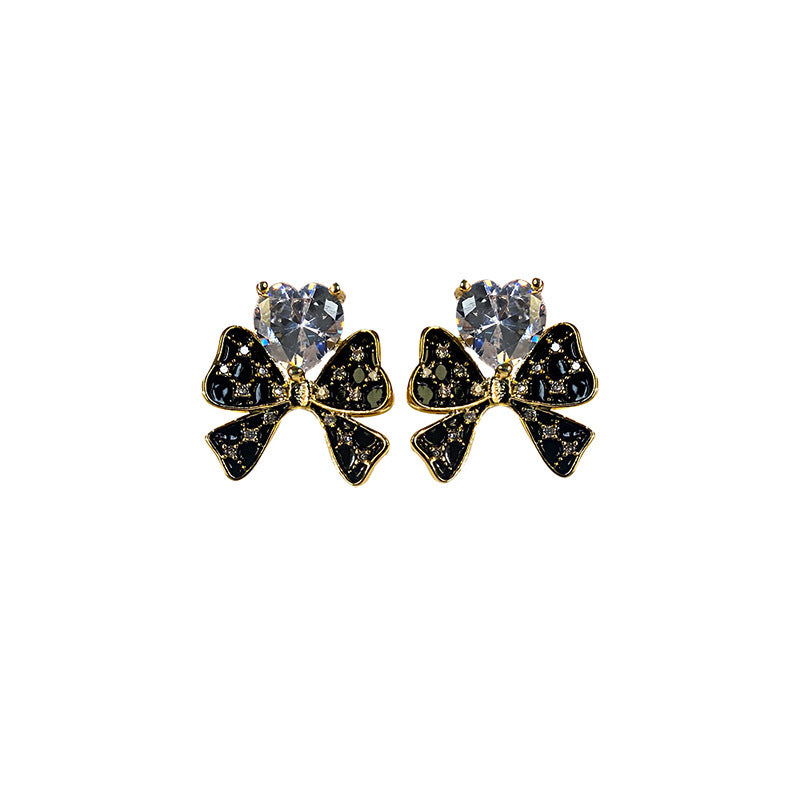 Wholesale Silver Needle Black Bow Micropaved Zirconia Stud Earrings
