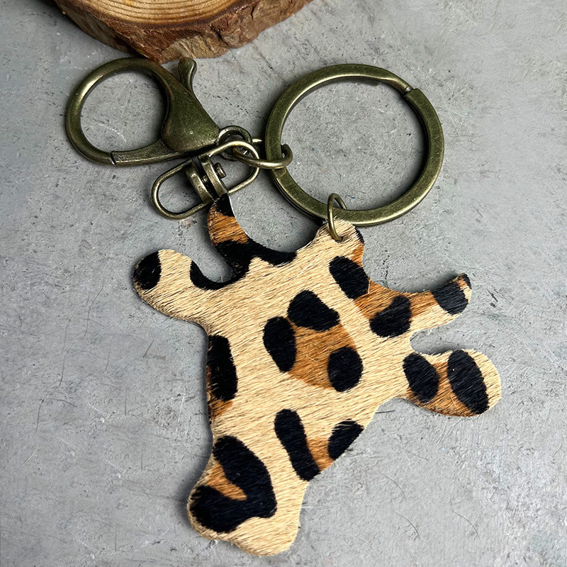 Wholesale 2pcs/pack Ethnic Style Western Leopard Cow Head Leather Keychain