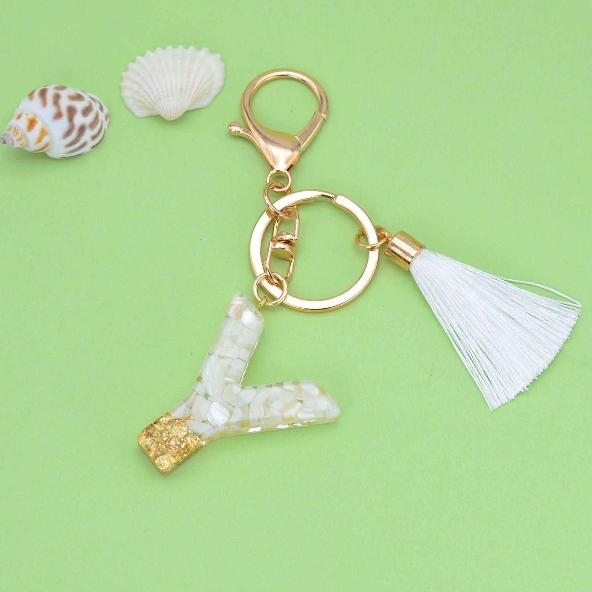 Wholesale White Tassel 26 Letter Crystal Resin Keychain