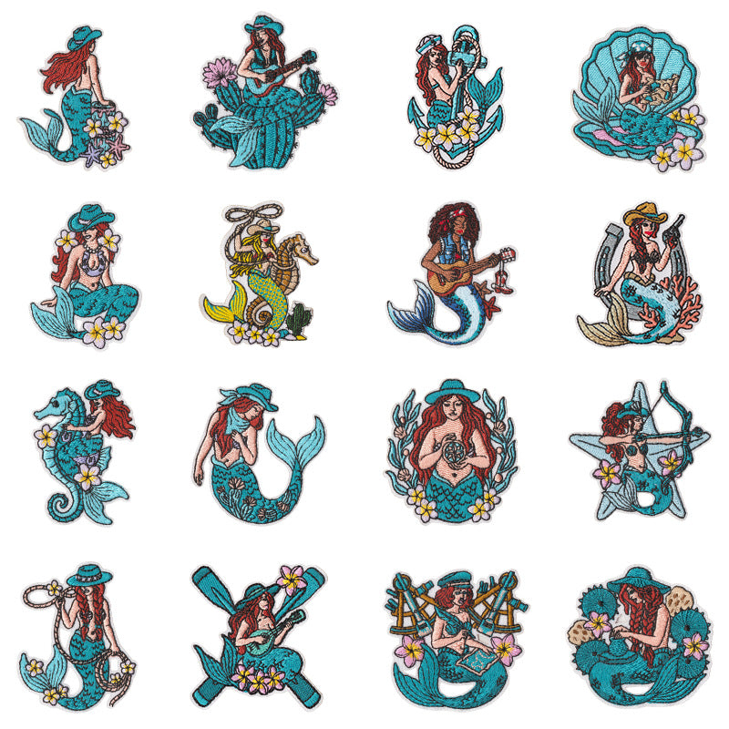 Wholesale West Coast Retro Mermaid Adhesive Embroidered Patches Guitar Cactus Nautical Design For Coat Repair Chic Craft Supply Boutique Resale