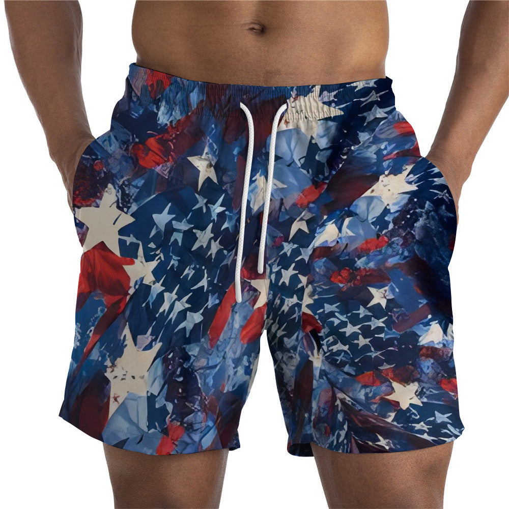 Wholesale Polyester Men's Independent Day Elements 3D Digital Printed Shorts Loose Fitting Straight Leg Beach Pants