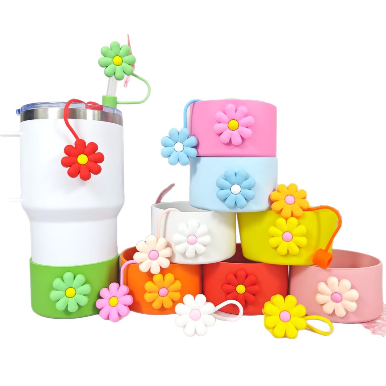Wholesale Selling silicone insulated cup sleeves flower-decorated cup holders straw caps