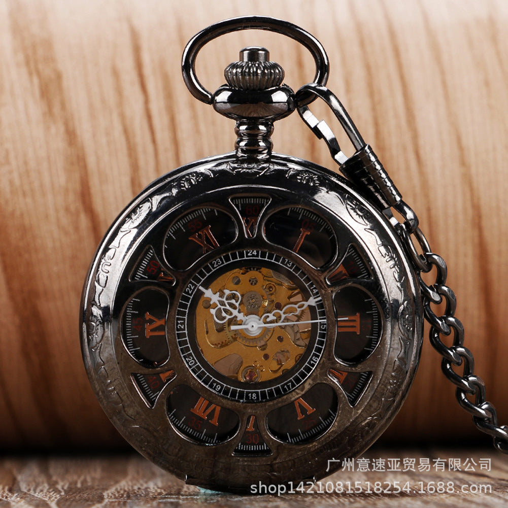 Wholesale  Tungsten Steel Gun Black Petal Blue Face Mechanical Pocket Watch Flip Hollow Pocket Watch Hot Selling Men's and Women's Hanging Watch