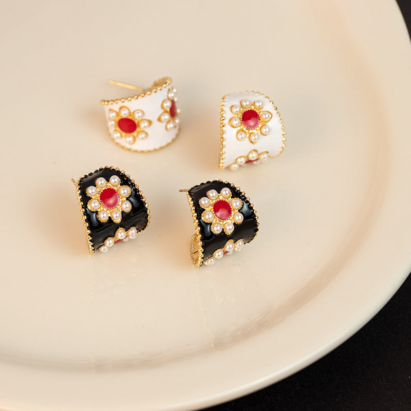 Wholesale Oil Drop Round Pearl Geometric C Shape Earrings