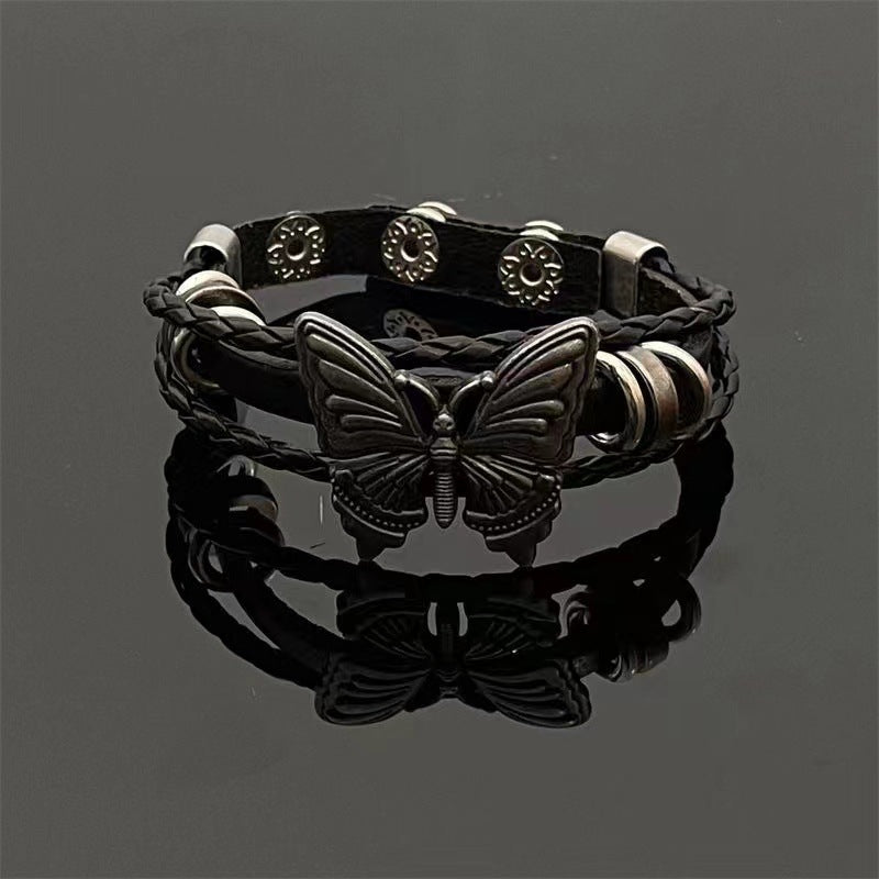 Wholesale Dark Butterfly Punk Rock Multi-Layered Leather Bracelet