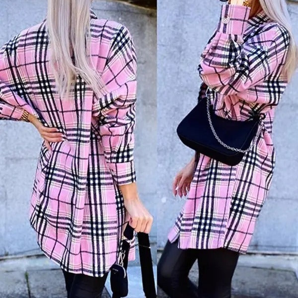 Wholesale Long Sleeved Plaid Loose Woolen Long Jacket Tops