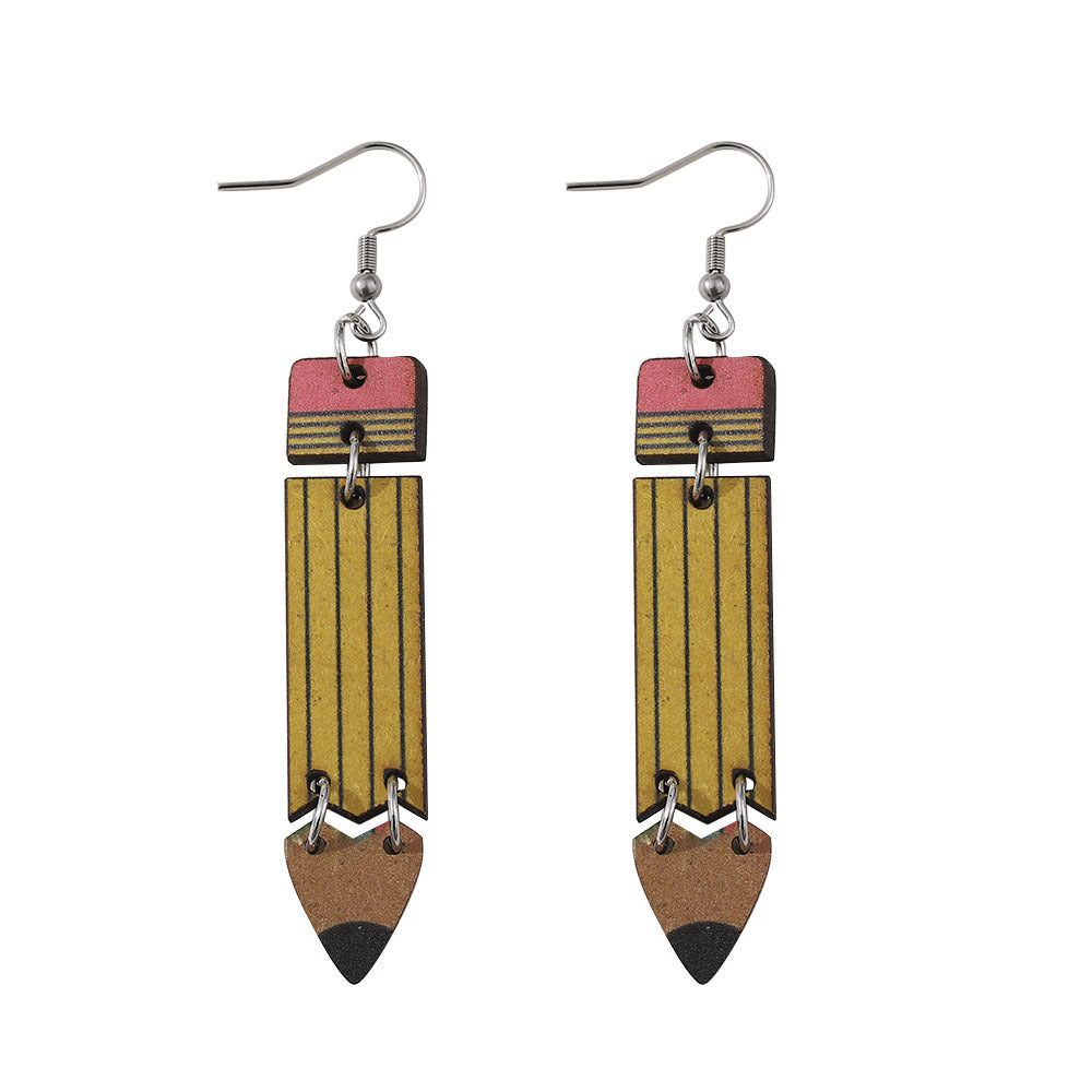 Wholesale Rainbow Pencil Double Sided Wooden Student Teacher Earrings