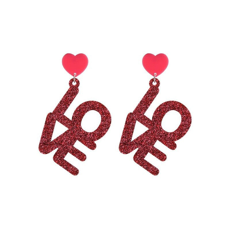 Wholesale  Valentine' s Day Pink Sequined LOVE acrylic Earrings