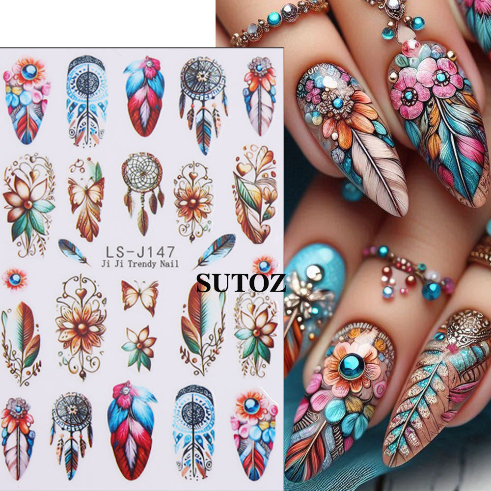 Wholesale 3pcs Nail Art Stickers: Retro Bohemian Feather Pattern