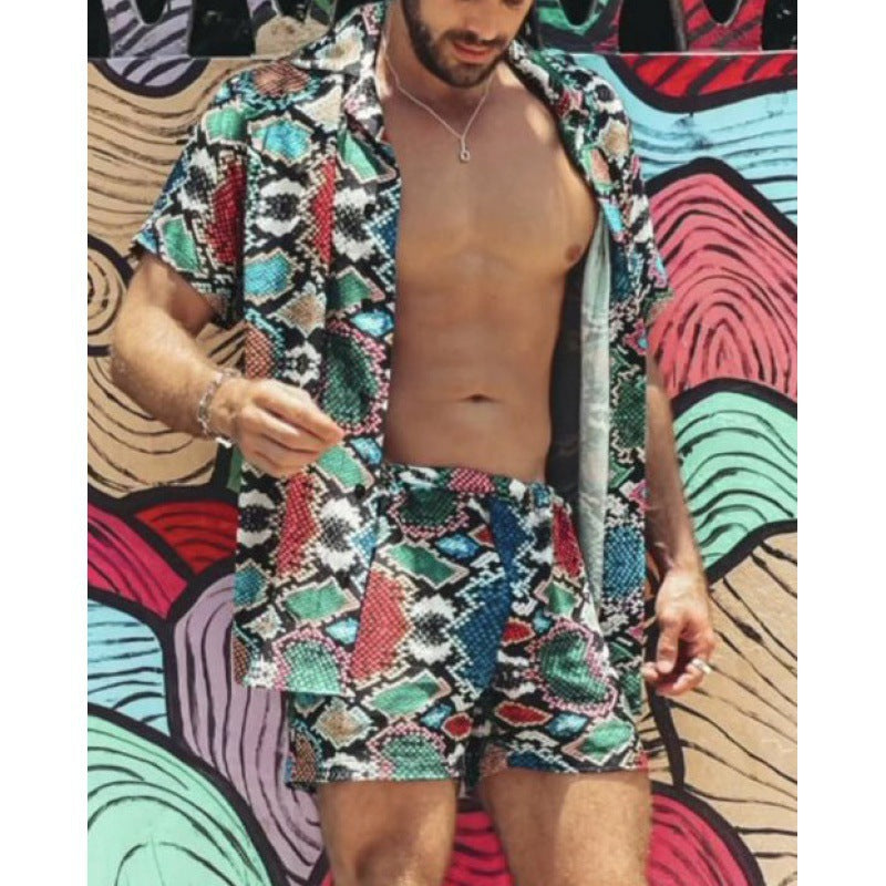 Wholesale Men's Hawaiian Beach Print Short Sleeve Shirt Set