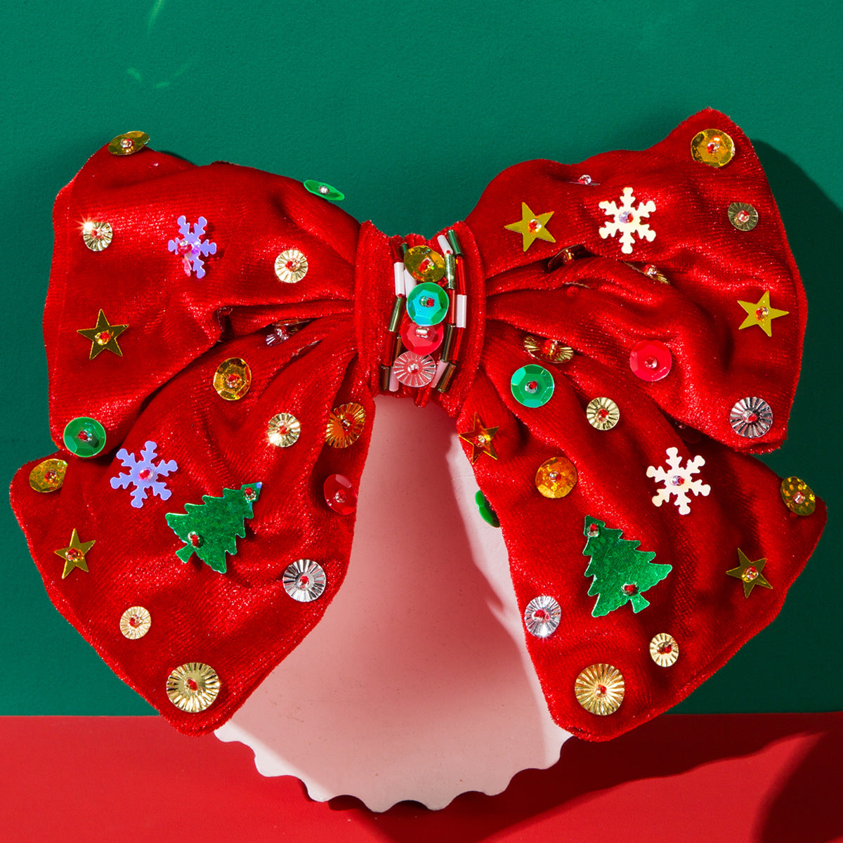 Wholesale Christmas Flannel Bow Spring Clip Hand-sewn Stars Snowflakes Christmas Tree Hair Clip