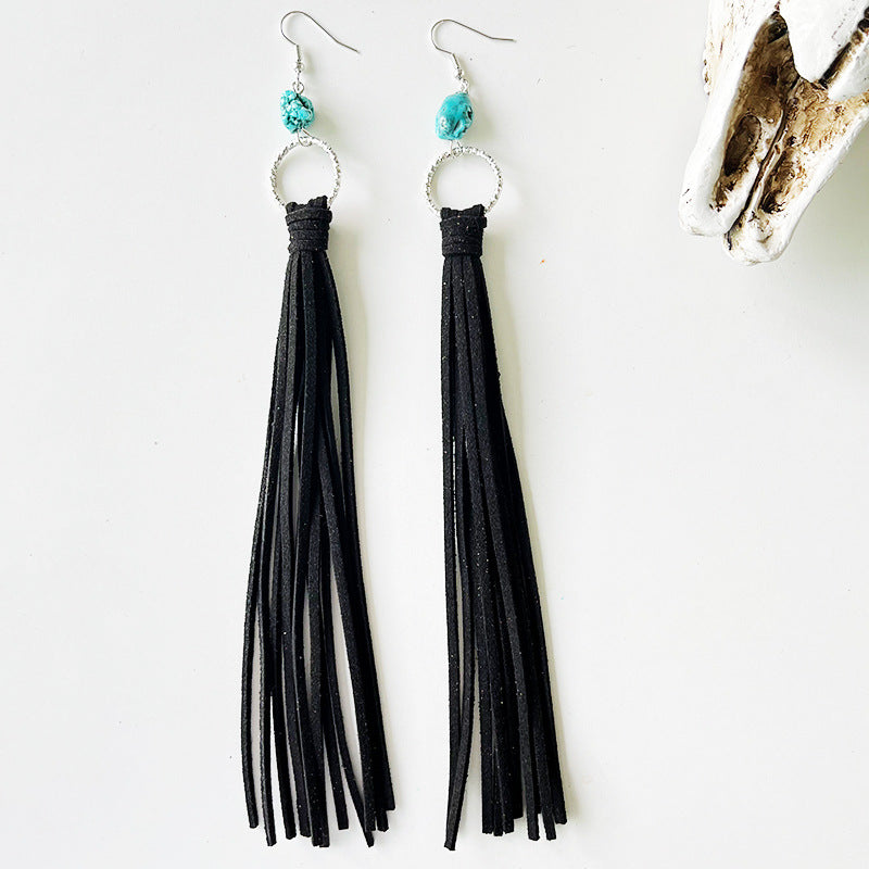 Wholesale Exaggerated Leather Tassel Turquoise Multi-color Earrings 2 in A Pack