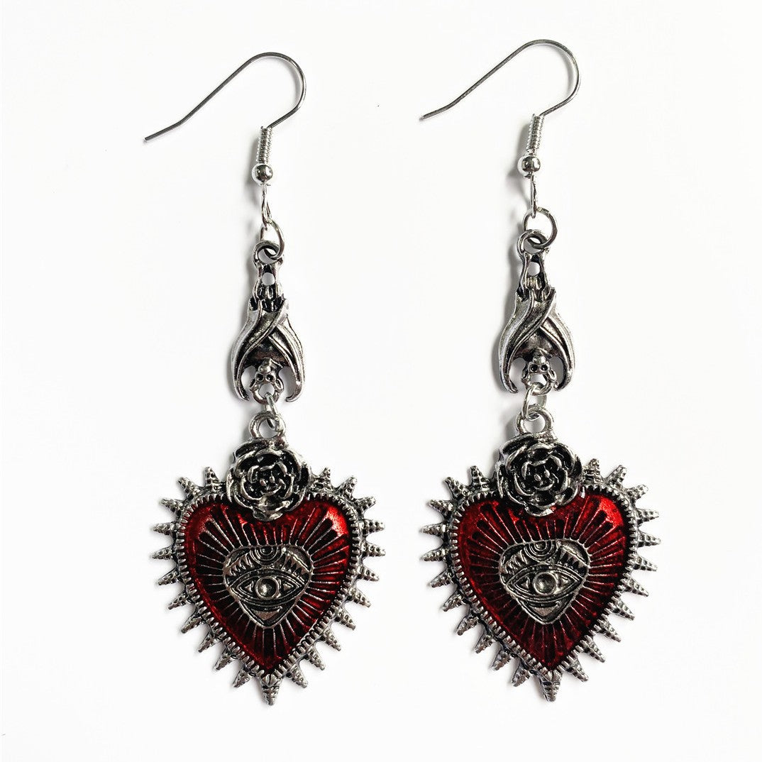 Gothic Punk Rose Wings Flower Red Oil Drops Heart-Shaped Earrings