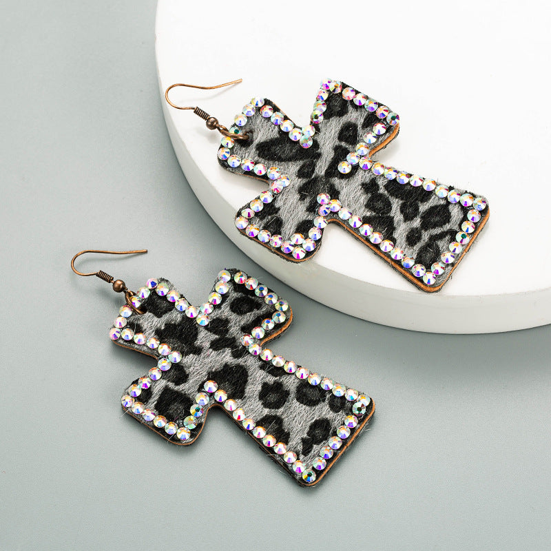 Wholesale Leopard Cross Set Diamond Leather Earrings