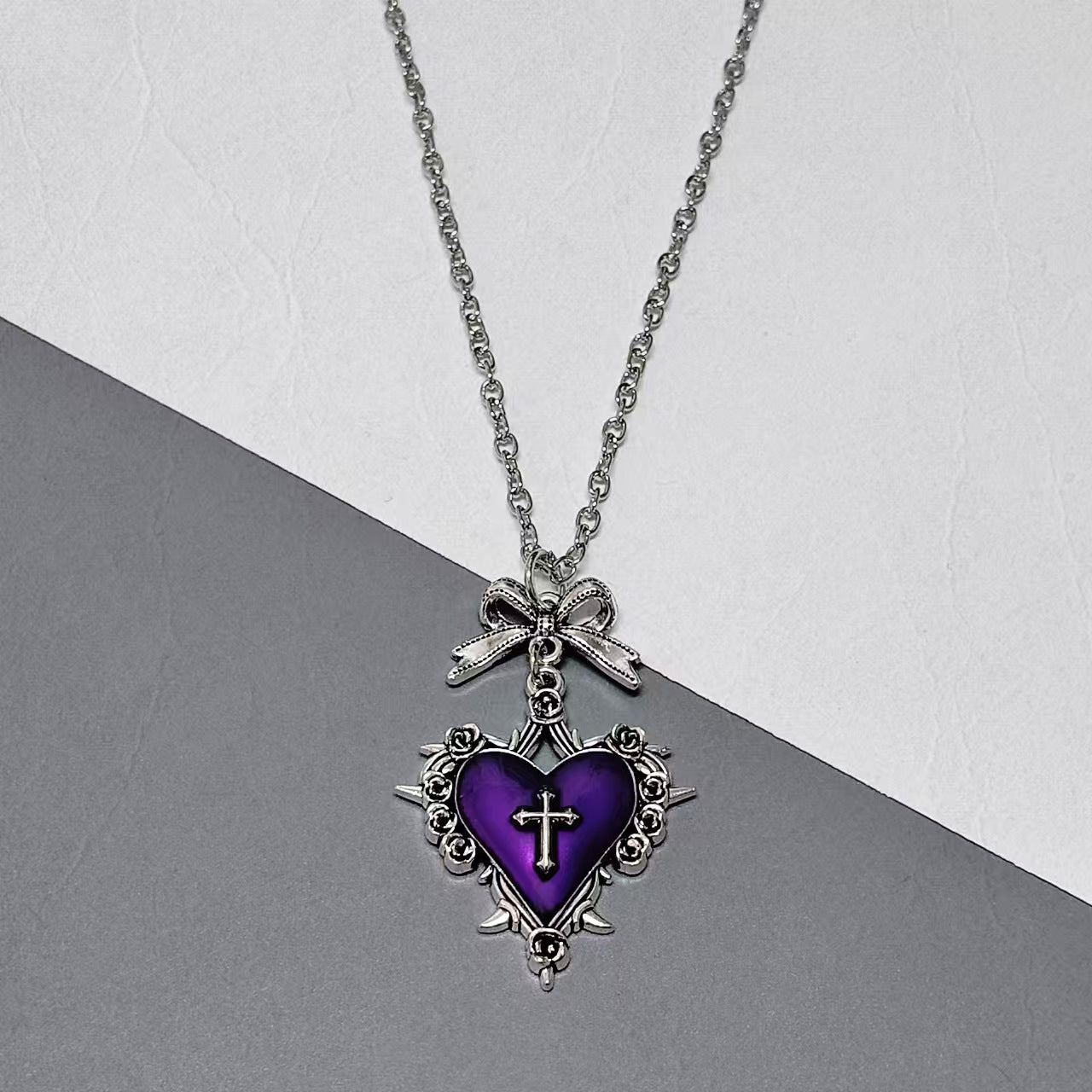 Wholesale Dark Gothic Punk Red and Black Heart Bow Cross Necklace Retro Clavicle Chain