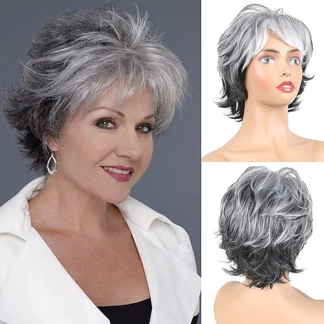 Wholesale Old man's hair wig gradient gray white white wig headpiece ladies short curly synthetic fiber headpiece